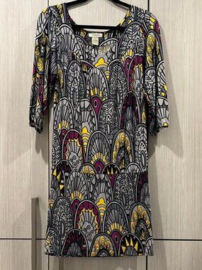 Vertigo Paris Drop Waist Dress Art Deco Print Grey Multicolor XS